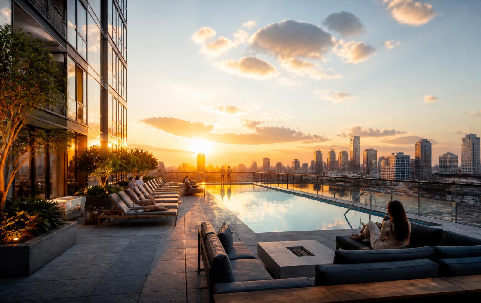 Áreas comunes de un edificio residencial al atardecer