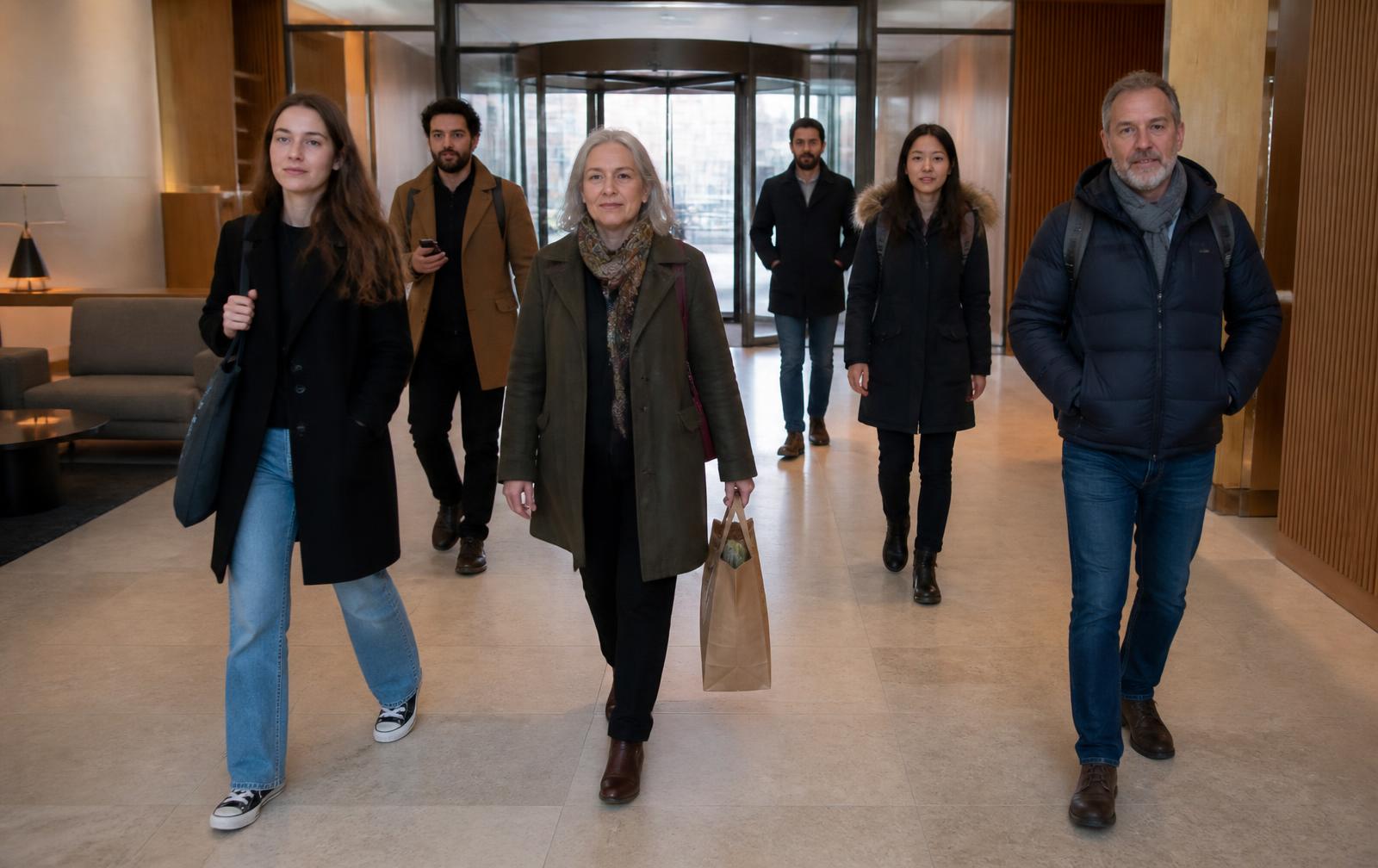 Varias personas entrando a la vez por el hall de un edificio residencial, analizadas por una sola cámara