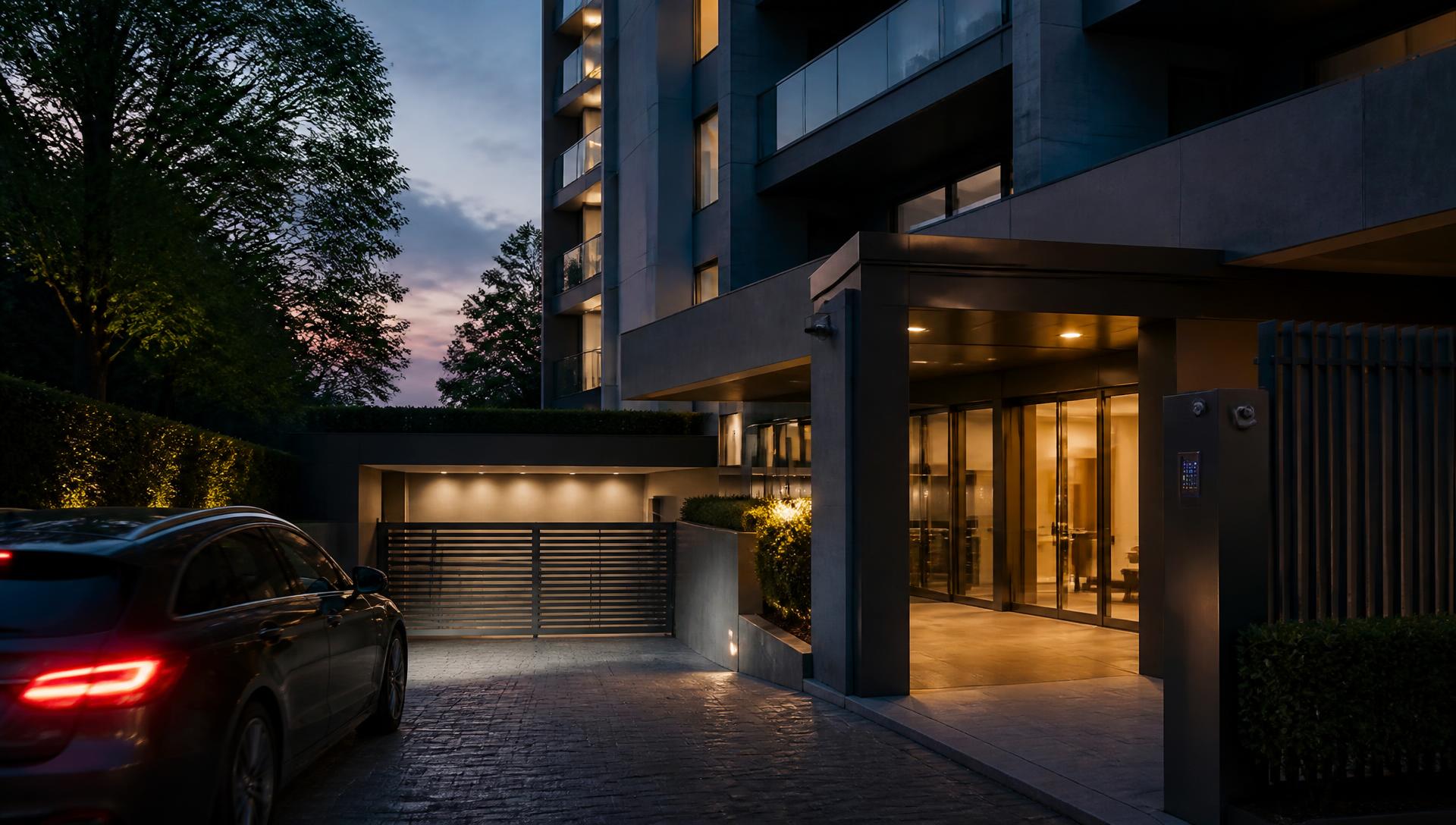 Entrada y garaje de un edificio residencial premium al anochecer