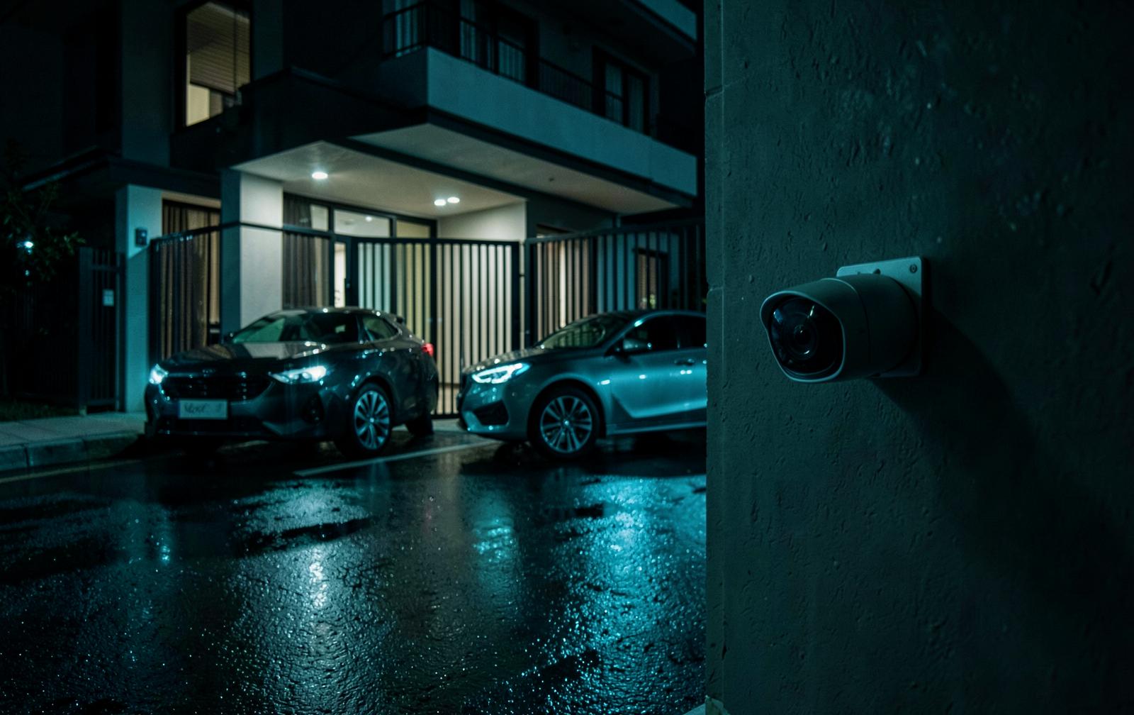 Cámara inteligente vigilando el acceso vehicular de un edificio de noche