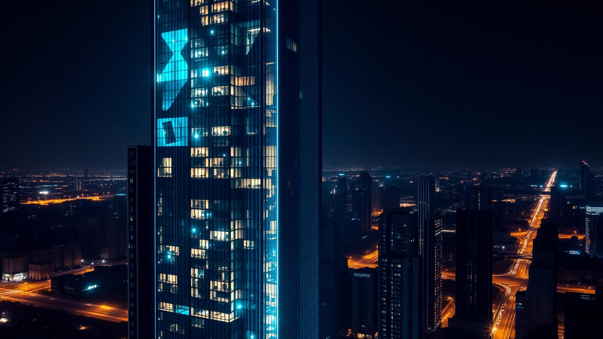 Torre residencial inteligente iluminada de noche